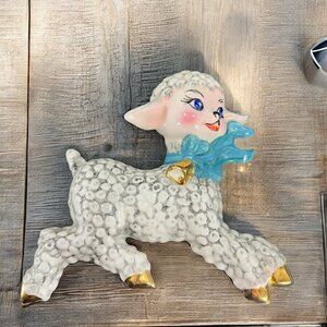 1950s Ceramic Lamb Shell Whimsical Hand Painted Wall Hanging Plaque Figure VTG